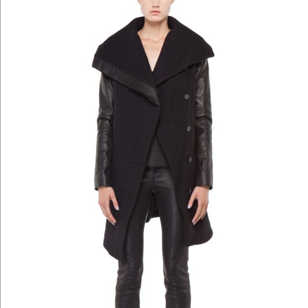 Helmut Lang Black Leather Trim Wool Blend Coat ‘Inclusion Willow’ Size M